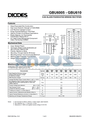 GBU6005 datasheet - 6.0A GLASS PASSIVATED BRIDGE RECTIFIER