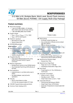 M36P0R9060E0 datasheet - 512 Mbit (x16, Multiple Bank, Multi-Level, Burst) Flash memory 64 Mbit (Burst) PSRAM, 1.8V supply, Multi-Chip Package