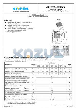 GBU6005 datasheet - Voltage 50V ~ 1000V 6.0Amp Glass Passivited Bridge Rectifiers