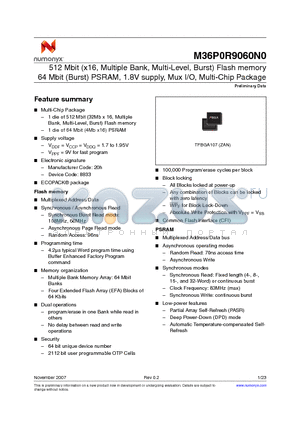 M36P0R9060N0ZANE datasheet - 512 Mbit (x16, Multiple Bank, Multi-Level, Burst) Flash memory 64 Mbit (Burst) PSRAM, 1.8V supply, Mux I/O, Multi-Chip Package