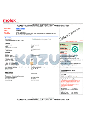 70021-0206 datasheet - SL Crimp Terminal, Series 70021, Male, with 0.38lm (15l) Selective Gold (Au) Plated Contact, 24-30 AWG, Bag