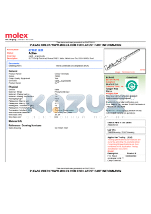 70021-1021 datasheet - SL Crimp Terminal, Series 70021, Male, Nickel over Tin, 22-24 AWG, Reel