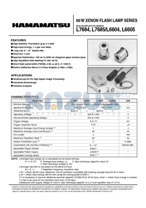 L6604 datasheet - 60 W XENON FLASH LAMP SERIES BUILT-IN REFLECTIVE MIRROR