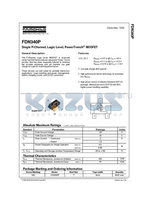 FDN340P datasheet - Single P-Channel, Logic Level, PowerTrench MOSFET