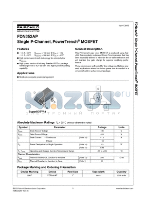 FDN352AP datasheet - Single P-Channel, PowerTrench