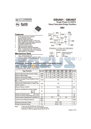 GBU601 datasheet - Single Phase 6.0 AMPS. Glass Passivated Bridge Rectifiers