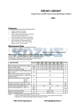 GBU601 datasheet - Single Phase 6.0AMP.Glass Passivated Bridge Rectifiers