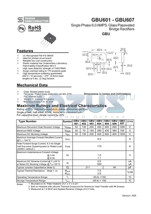 GBU602 datasheet - Single Phase 6.0 AMPS. Glass Passivated Bridge Rectifiers