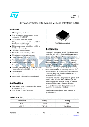 L6711TR datasheet - 3 Phase controller with dynamic VID and selectable DACs