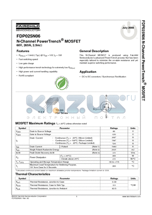 FDP025N06 datasheet - N-Channel PowerTrench^ MOSFET 60V, 265A, 2.5mY