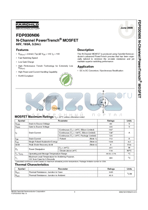 FDP030N06 datasheet - N-Channel PowerTrench^ MOSFET 60V, 193A, 3.2m