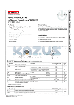 FDP030N06B datasheet - N-Channel PowerTrench^ MOSFET 60V, 195A, 3.1m