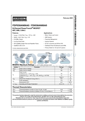 FDP038AN06A0 datasheet - N-Channel PowerTrench^ MOSFET 60V, 80A, 3.8m