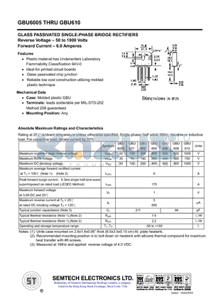 GBU604 datasheet - GLASS PASSIVATED SINGLE-PHASE BRIDGE RECTIFIERS