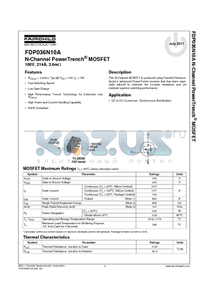 FDP036N10A datasheet - N-Channel PowerTrench^ MOSFET 100V, 214A, 3.6mY