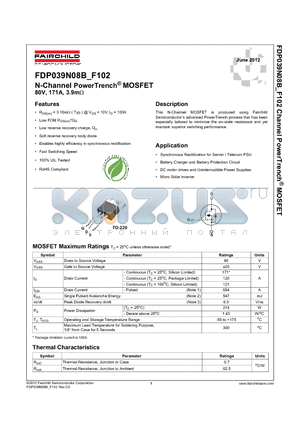 FDP039N08B datasheet - N-Channel PowerTrench MOSFET 80V, 171A, 3.9mW