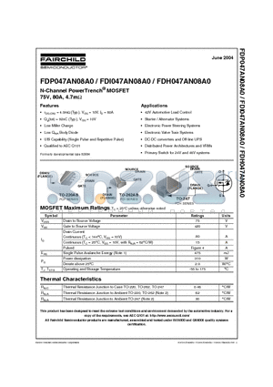 FDP047AN08A0 datasheet - N-Channel PowerTrench MOSFET 75V, 80A, 4.7m