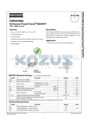 FDP047N08 datasheet - N-Channel PowerTrench^ MOSFET 75V, 164A, 4.7mY