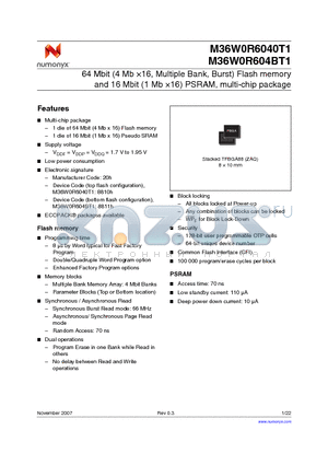 M36W0R604BT1 datasheet - 64 Mbit (4 Mb 16, Multiple Bank, Burst) Flash memory and 16 Mbit (1 Mb 16) PSRAM, multi-chip package