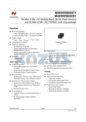 M36W0R6050B1ZAQF datasheet - 64 Mbit (4 Mb 16, Multiple Bank, Burst) Flash memory and 32 Mbit (2 Mb 16) PSRAM, multi-chip package