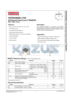 FDP053N08B datasheet - N-Channel PowerTrench^ MOSFET 80V, 120A, 5.3mW