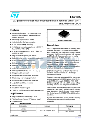 L6713ATR datasheet - 2/3 phase controller with embedded drivers for Intel VR10, VR11 and AMD 6 bit CPUs
