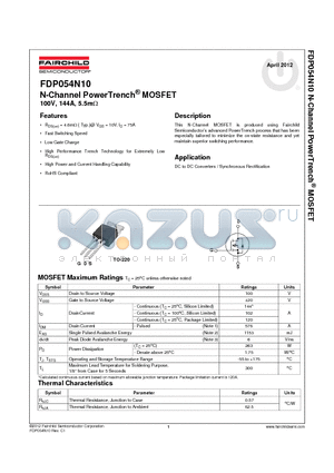 FDP054N10_12 datasheet - N-Channel PowerTrench^ MOSFET 100V, 144A, 5.5mY