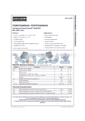 FDP070AN06A0 datasheet - N-Channel PowerTrench MOSFET 60V, 80A, 7m