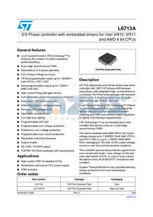 L6713ATR datasheet - 2/3 Phase controller with embedded drivers for Intel VR10, VR11 and AMD 6 bit CPUs