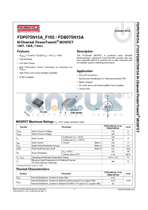 FDP075N15A datasheet - N-Channel PowerTrench^ MOSFET 150V, 130A, 7.5mY