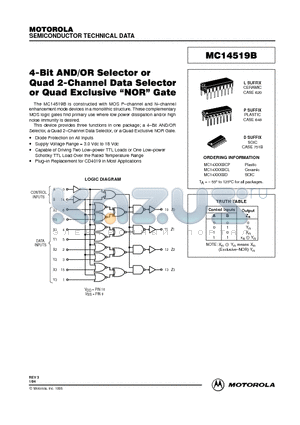 MC14519BCL datasheet - 4-Bit AND/OR Selector or Quad 2-Channel Data Selector or Quad Exclusive nor gate