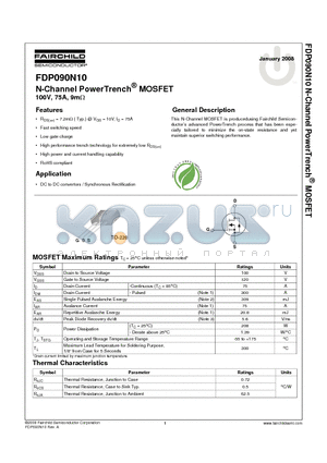 FDP090N10 datasheet - N-Channel PowerTrench^ MOSFET 100V, 75A, 9mY