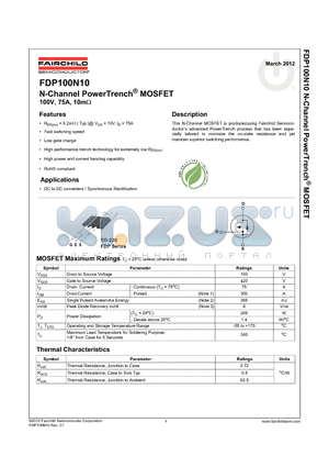 FDP100N10_12 datasheet - N-Channel PowerTrench^ MOSFET 100V, 75A, 10mY