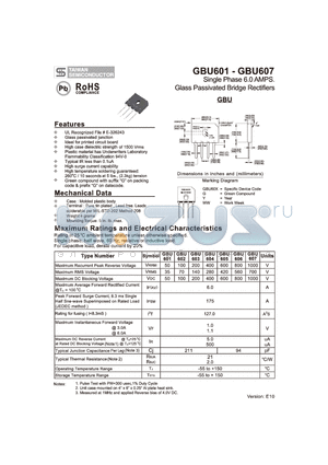 GBU605 datasheet - Single Phase 6.0 AMPS. Glass Passivated Bridge Rectifiers