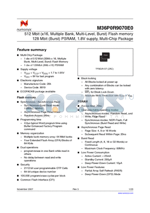 M36W0R6050T3ZAQF datasheet - 64-Mbit (4 Mbits 16, multiple bank, burst) Flash memory and 16-Mbit (1 Mbit 16) or 32-Mbit (2 Mbits x16) PSRAM MCP