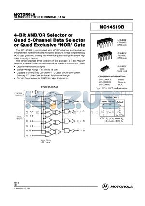 MC14519BCP datasheet - 4-Bit AND/OR Selector or Quad 2-Channel Data Selector or Quad Exclusive nor gate