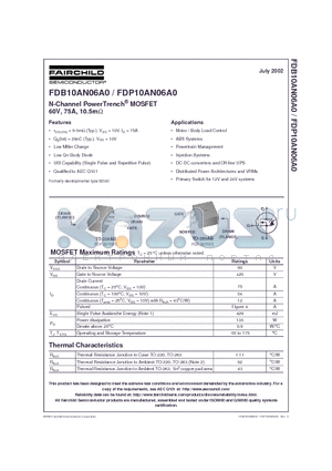 FDP10AN06A0 datasheet - N-Channel PowerTrench MOSFET 60V, 75A, 10.5m