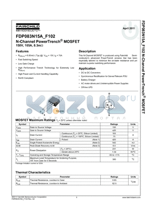 FDP083N15A datasheet - N-Channel PowerTrench^ MOSFET 150V, 105A, 8.3m