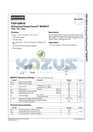 FDP120N10 datasheet - N-Channel PowerTrench^ MOSFET 100V, 74A, 12mY