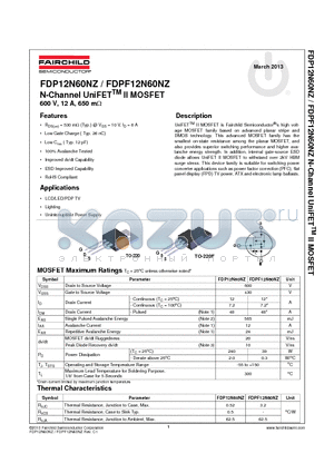 FDP12N60NZ datasheet - N-Channel UniFETTM II MOSFET 600 V, 12 A, 650 m