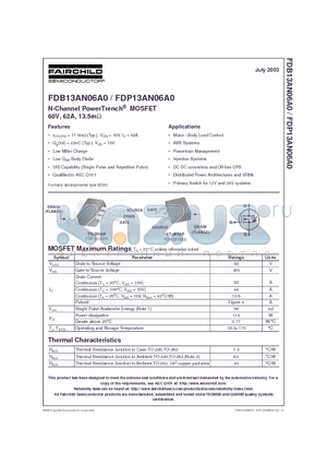 FDP13AN06A0 datasheet - N-Channel PowerTrench MOSFET 60V, 62A, 13.5mohm