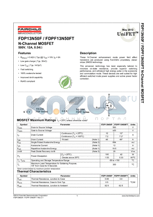 FDP13N50F_12 datasheet - N-Channel MOSFET 500V, 12A, 0.54Y