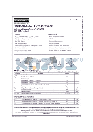 FDP14AN06LA0 datasheet - N-Channel PowerTrench MOSFET 60V, 60A, 14.6m