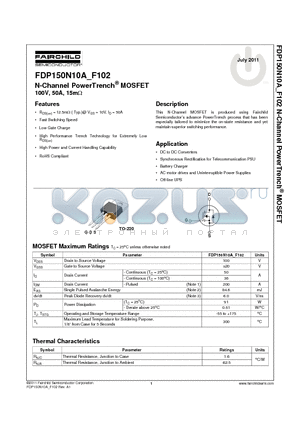 FDP150N10A datasheet - N-Channel PowerTrench^ MOSFET 100V, 50A, 15mY