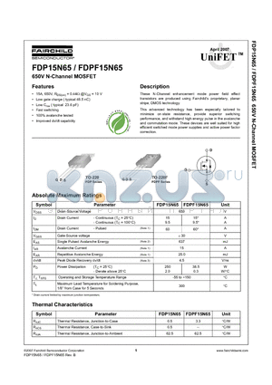 FDP15N65_0704 datasheet - 650V N-Channel MOSFET
