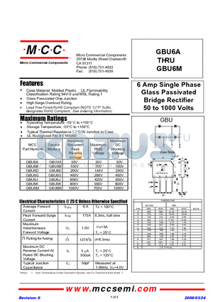 GBU6A datasheet - 6 Amp Single Phase Glass Passivated Bridge Rectifier 50 to 1000 Volts