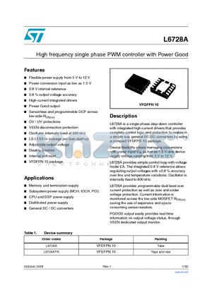 L6728A datasheet - High frequency single phase PWM controller with Power Good