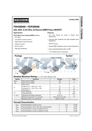 FDP20N40 datasheet - 20A, 400V, 0.216 Ohm, N-Channel SMPS Power MOSFET
