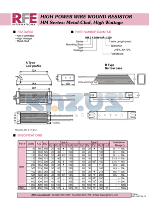 HM1B100W-10R-J-250 datasheet - HIGH POWER WIRE WOUND RESISTOR HM Series: Metal-Clad, High Wattage