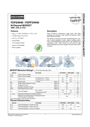 FDP24N40 datasheet - N-Channel MOSFET 400V, 24A, 0.175Y